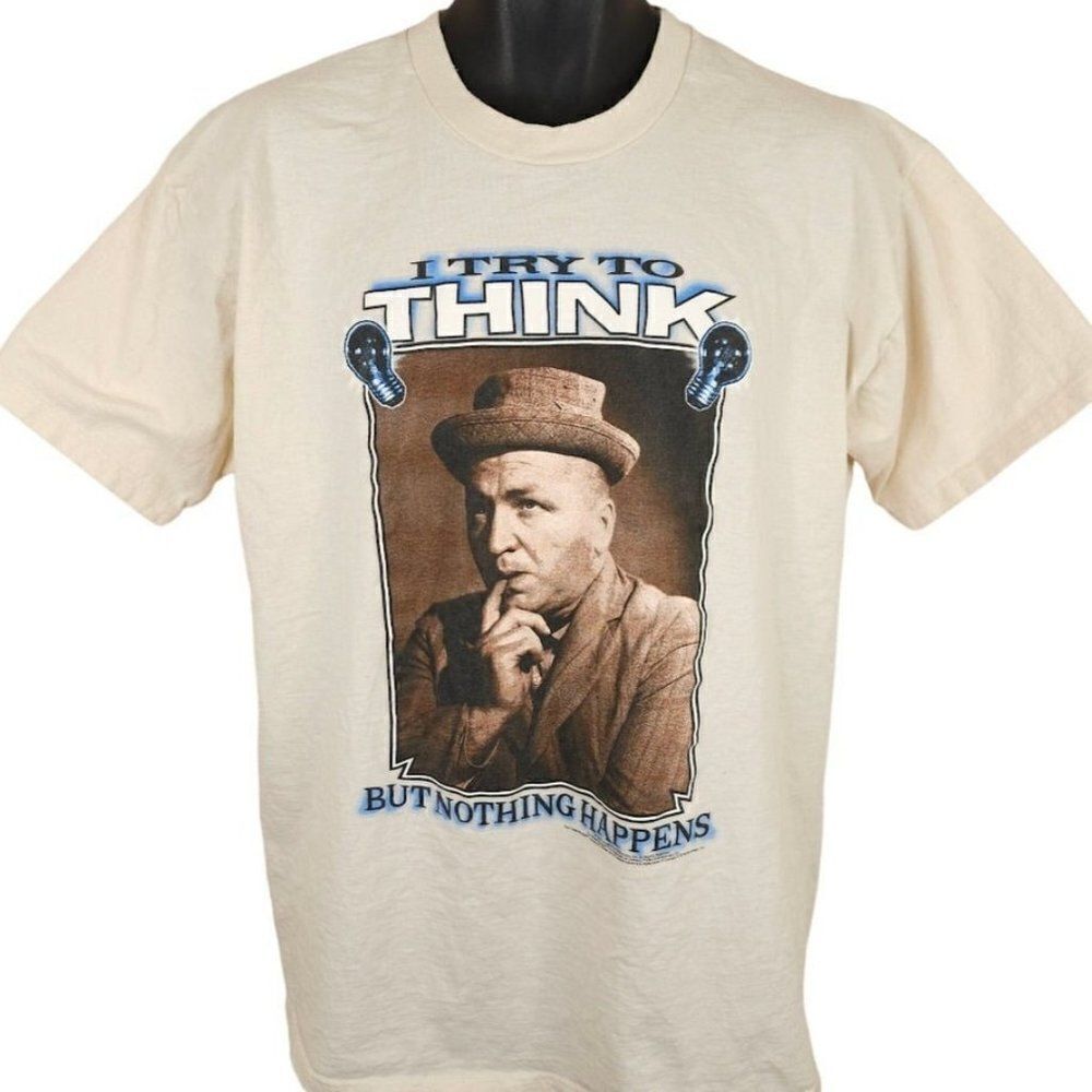 Vintage Curly Three Stooges T Shirt Mens Size XL Beige I Try To Think Comedy
